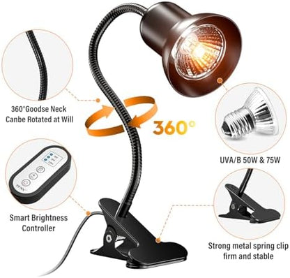 TFNN Reptile Heat Lamp, Heat Lamp with Clamp, UVA UVB Reptile Light with Intelligent Cycle Timer for Turtle, Bearded Dragon, Lizard and More, 2 Bulbs 50W+75W