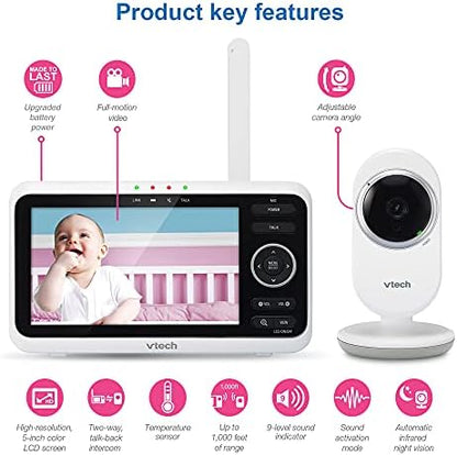 VTech Baby Monitor, No WiFi– 5" Color Screen, 12-Hour Battery, Night Vision, Temperature Sensor, 2-Way Talk, Lullabies, 1000ft Range | VM350