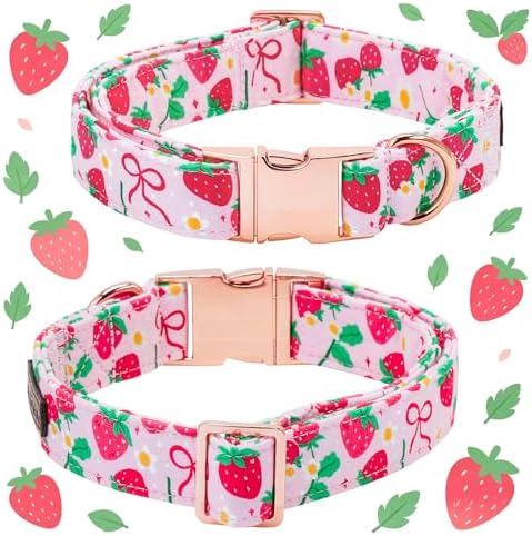 Spring Dog Collar, Red Strawberry Print Pet Collars Pink Cute Durable Metal Buckle Girl and Boy Dog Collars Adjustable for Small Medium Large Dogs
