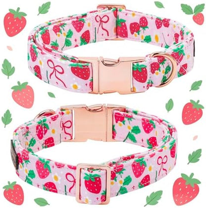 Spring Dog Collar, Red Strawberry Print Pet Collars Pink Cute Durable Metal Buckle Girl and Boy Dog Collars Adjustable for Small Medium Large Dogs