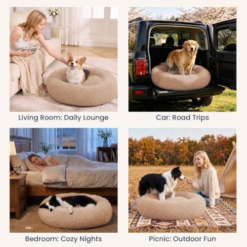 JOLLYVOGUE Calming Washable Dog Beds Large Sized Dog, 36inch Donut Large Dog Bed with Removable Cover, Anti-Slip Round Fluffy Faux Fur Bed, Fits up to 80 lbs Pets, Camel
