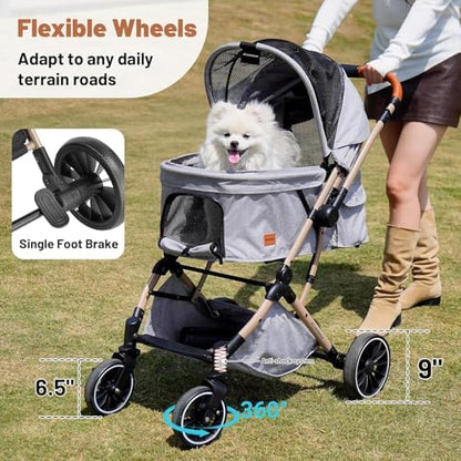 EchoSmile Small Medium Dogs Stroller 4-Wheel Pet Strollers for Medium Dogs Up to 50lbs, One Click Folding Large Cat Stroller, Reversible Handle, Shock Absorbing Wheels, Removable Washable Pad