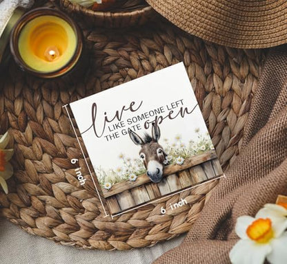Donkey Decor Signs,Farm House Cottagecore Animal Wooden Signs,Rustic Farmhouse Live Like Someone Left The Gate Open Wood Sign,Donkey Animal Office Bedroom Kitchen Decor,6x6