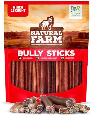 Natural Farm Odor-Free Bully Sticks (6 Inch, 25 count),1.3 lb. Bag, Fully Digestible 100% Beef Pizzle Chews,Grass-Fed, Non-GMO,Grain-Free, Natural Long-Lasting Chews for Small & Large Dogs. Pack of 25