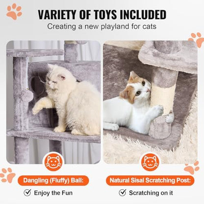 VEVOR Cat Tree for Indoor Cats, 68.5" Cat Tower with 2 Cat Condos, Sisal Scratching Post, Hammock, Top Perch, Jumping Platforms, Large Cat Furniture Activity Center with Hang Ball, Light Grey