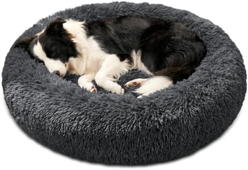 JOLLYVOGUE Calming Washable Dog Bed Medium Size Dog, 31 Inch Donut Medium Dog Bed with Removable Cover, Anti-Slip Round Fluffy Faux Fur Bed, Fits up to 45 lbs Pets, Dark Grey