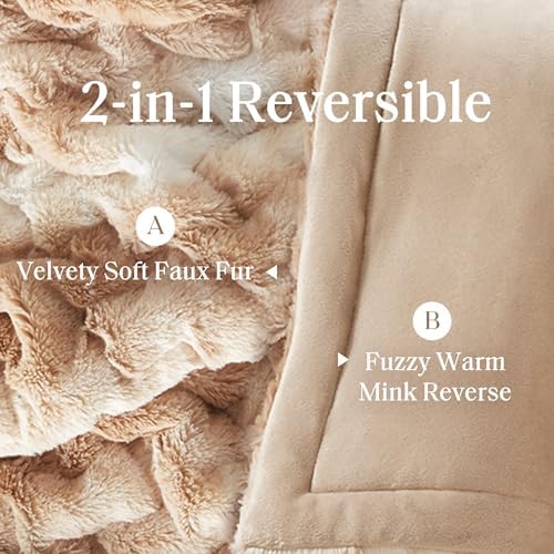 Madison Park Ruched Fur Throw Faux Fur Blanket, 50" x 60", Tan Tie Dye