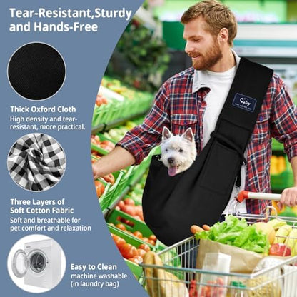 CUBY Dog and Cat Sling Carrier - Hands Free Reversible Small Pet Sling Carrier Bag - Soft Pouch and Tote Design - Suitable for Puppy, Small Dogs Cats Outdoor Travel(Black Senior)
