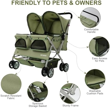 Double Pet Stroller for 2 Small Dogs & Cats, Side-by-Side Twin Travel Carriage with Safety Leashes, Mesh Windows & Double Storage Baskets, Lightweight & Foldable, 44lbs Capacity, Green