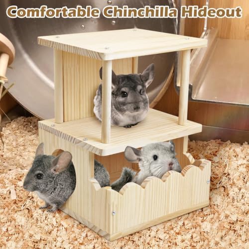 Fhiny Wooden Chinchilla Hideout, 2-Layer Guinea Pig House Nature Wood Small Animal Hut Chinchilla Cage Accessories for Hamster Squirrel Sugar Gliders