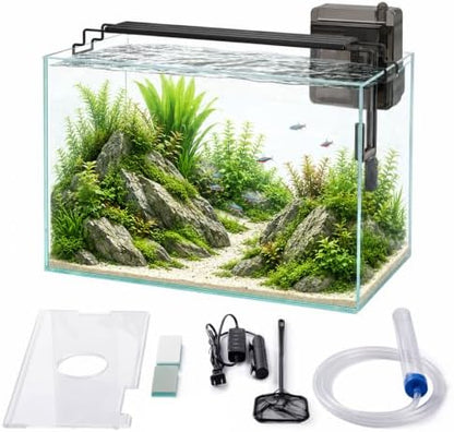 10 Gallon Glass Aquarium Kit, Rimless Fish Tank with LED & Filter, Clear