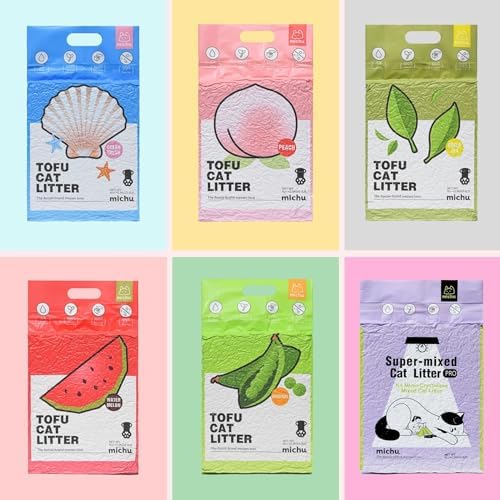 Michu Tofu Cat Litter Natural Clumping Tofu Cat Litter, Fast Clumping and Easily Scoop-able 5.5lb/88oz 5 Scents - Rainbow Combo, 6 Pack
