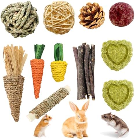 Hamster Chew Toys, 11PCS Rabbit Molars Care Set Sweet Bamboo Water Grass Ball and Cake Apple Branch Treats for Chinchilla