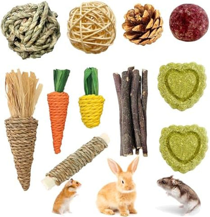 Hamster Chew Toys, 11PCS Rabbit Molars Care Set Sweet Bamboo Water Grass Ball and Cake Apple Branch Treats for Chinchilla