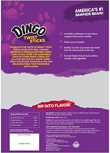 Dingo Twist Sticks Rawhide for Dogs,Made with Real Chicken,50 Count (Pack of 4)