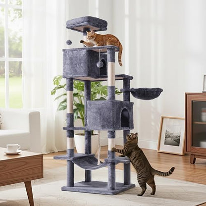 Cat Tree for Indoor Cats, 66 Inches Cat Tower with Scratching Post, Multi-Level Climbing Tree Cat House Padded Plush Perch, Cat Condo Activity Center with Pompoms, Kittens Pet Play House, Dark Gray