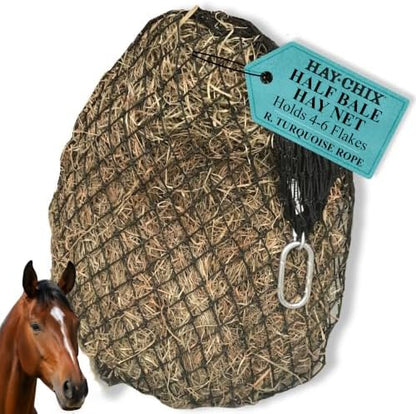 hay chix Half Bale Hay Net for Horses | 1 3/4" Holes, Turquoise Rope