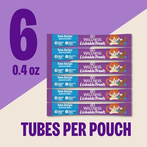 Wellness Lickable Soft Puree Cat Treats, All Lifestages, Kitten to Senior, Natural, Grain Free, Tuna Flavor, 0.4 oz, Pack of 12 Tubes