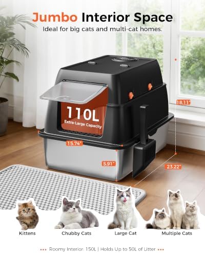 GTPLAYER XXL Stainless Steel Cat Litter Box with Lid, High Sided Enclosed Cat Litter Box, Activated Carbon Odor Control, Extra Large Metal Litter Box, Anti-Leak, with Mat & Scoop, Carbon Black