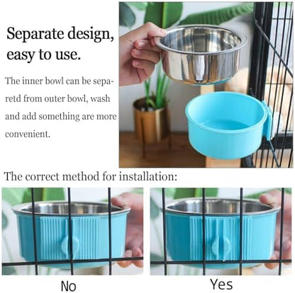 kathson Crate Dog Bowl, Removable Stainless Steel Hanging Pet Cage Bowl Food & Water Feeder Coop Cup for Cat, Puppy, Birds, Rats, Guinea Pigs (6 PCS, Size: M, 2×Blue,2×Green,2×Pink) (Pack of 2)