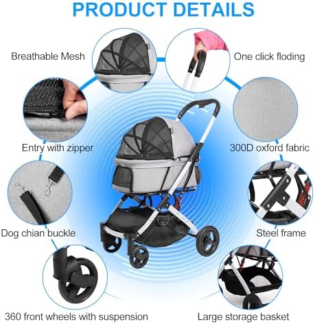 Pet Stroller for Medium Small Dog & Cat, Foldable Lightweight Dog Stroller with Storage Basket Pet Travel Carriage with Safety Leashes, 4 Wheel, Gray