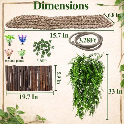HERCOCCI Bearded Dragon Tank Accessories, 9Pcs Reptile Plants Vines Hammock