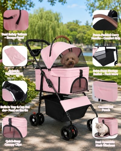 Pet Stroller, 3 in1 Foldable Dog Cat Stroller with Detachable Carrier-35lbs