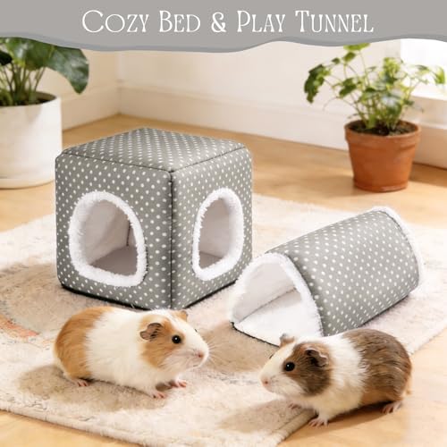 Guinea Pig Hideout, Dwarf Rabbit Bed with Play Tunnel, Washable Fleece House for Dwarf Bunnies, Chinchillas, Hedgehogs, Small Animal Cage Accessories Gray Dot