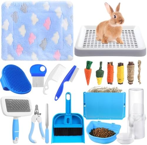 19 Pcs Rabbit Starter Kit Small Bunny Litter Box Animal Grooming Kit Water Bottle Bunny Toys Hay Feeder Bowl Blankets with Cleaning Set for Guinea Pig Rabbit Accessories