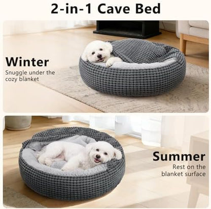 Dog Bed with Attached Blanket for Small Dogs or Cats, Soft Plush Cozy Donut Cuddler Hooded Pet Beds Washable. Round Puppy Bed Orthopedic, Calming Cat Cave Bed. Anti-Slip Bottom 26inch