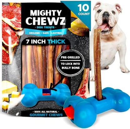 7" Thick Bully Sticks (10 Pack) with Bully Stick Safety Device - No Choking/All Natural Pizzle Sticks and Bully Stick Holder