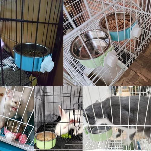 kathson Crate Dog Bowl, Removable Stainless Steel Hanging Pet Cage Bowl Food & Water Feeder Coop Cup for Cat, Puppy, Birds, Rats, Guinea Pigs (6 PCS, Size: L, 2×Blue,2×Green,2×Pink) (Pack of 2)