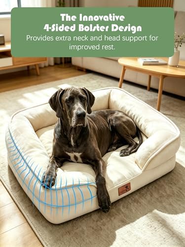 Spotted Play Orthopedic Dog Bed with Sides - Sofa Beds for Extra Large Dogs, Supportive Foam Pet Couch Bed with Washable Removable Cover, Waterproof Lining and Non-Slip Bottom, Ivory - XXL