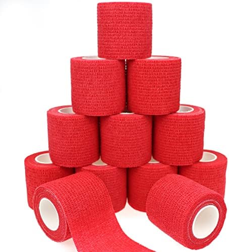 Self Adhesive Bandage Wrap Animal Cohesive Bandage Self Adherent Wrap First Aid Tape for Dogs Cats Horses Birds & Wrist Healing Ankle Sprain (2 Inch Red 12 Rolls)