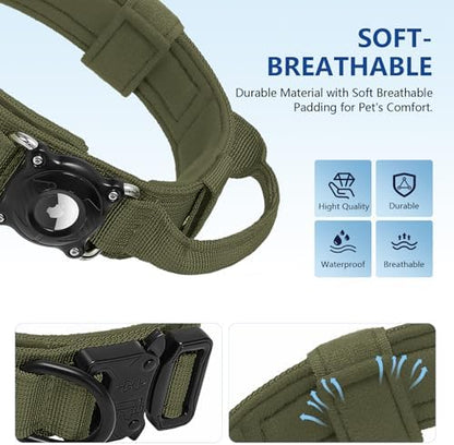 2026 Upgrade Waterproof AirTag Dog Collar, Comfortable Control Handle and Metal Buckle, Military Tactical Dog Collar with AirTag Holder, GPS Holder for Medium to Large Dogs (ArmyGreen,L)