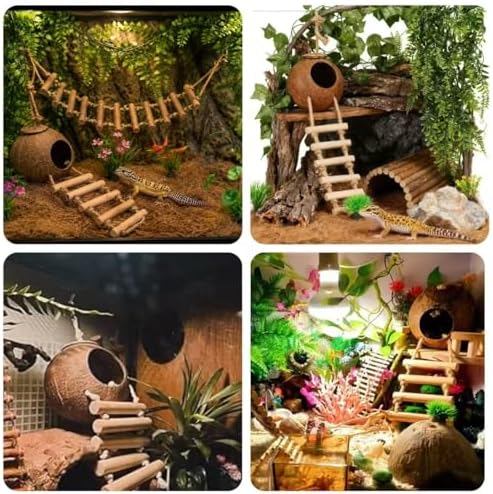 Crested Gecko Tank Accessories, Reptile Bridge and Plants with Coconut Shell Ladder Hideout, Natural Terrarium Decor for Lizard, Chameleon, Leopard Gecko, Snake, Hermit Crab and Tortoise (8PCS)