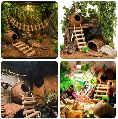 Crested Gecko Tank Accessories, Reptile Bridge and Plants with Coconut Shell Ladder Hideout, Natural Terrarium Decor for Lizard, Chameleon, Leopard Gecko, Snake, Hermit Crab and Tortoise (8PCS)