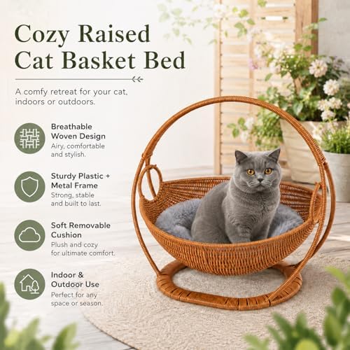 Wicker Cat Bed Elevated Cat Lounger Multifunctional Pet Furniture with Removable Cushion for Indoor Pets