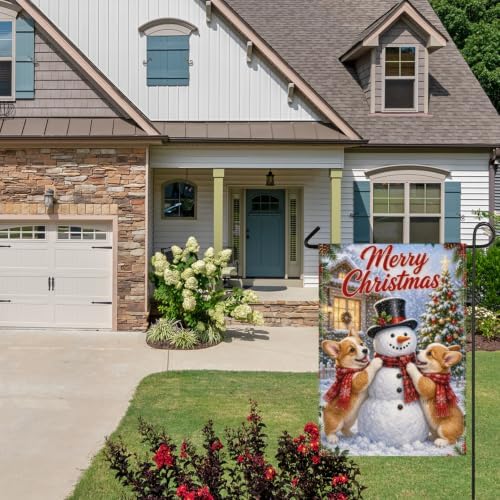 Christmas Corgi House Flag 28x40 Inch Merry Holiday Dogs Snowman Scarves Tree Holly Snowy Cute Rustic Farmhouse Outdoor Yard Lawn Porch Double Sided Banner Winter Welcome Decor