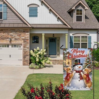 Christmas Corgi House Flag 28x40 Inch Merry Holiday Dogs Snowman Scarves Tree Holly Snowy Cute Rustic Farmhouse Outdoor Yard Lawn Porch Double Sided Banner Winter Welcome Decor