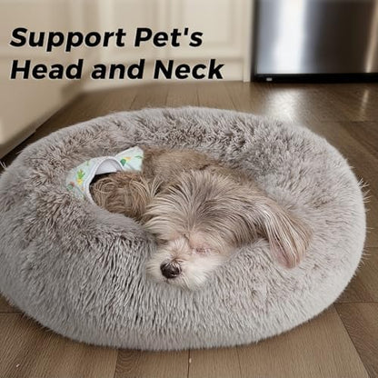 Calming Round Dog Bed & Cat Bed with Anti-Slip Bottom, Medium Size Washable Anti-Anxiety Donut Dog Beds for Small Dogs & Cats, Fluffy Plush Soft Dog Bed(24 Inch, Brown)