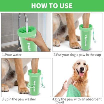 Professional 7 in 1 Dog Paw Cleaner for Dogs - Includes 1 Portable Paw Washer, 1 Bath Brush, 2 Dog Toothbrushes and 3 Absorbent Towels Note: Fits Paws 2.5 to 3.5 Inches Wide (Large, Light Green)