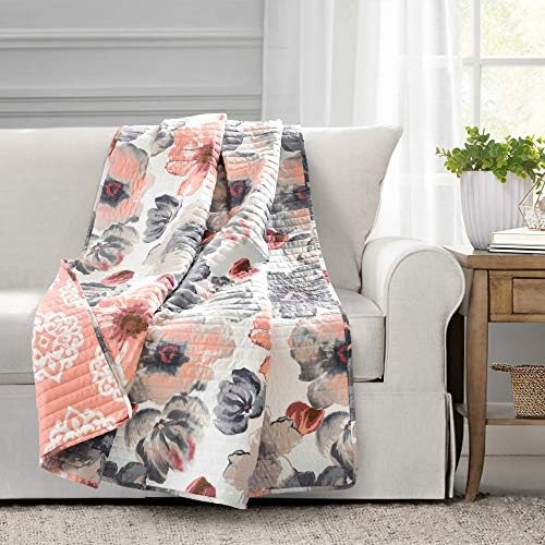 Lush Decor Leah Reversible Throw Blanket, 50" W x 60" L, Coral & Gray - Large Blooming Watercolor Flowers - Charming Quilted Floral Blanket For Bed, Couch, Or Chair