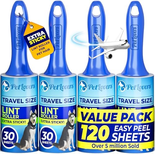 PetLovers Extra Sticky Lint Roller Mega Value Set for Pet Hair Removal and Clothes, Dog and Cat Lint Remover (Blue, 4 Pack Mini)