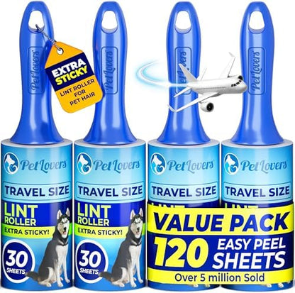PetLovers Extra Sticky Lint Roller Mega Value Set for Pet Hair Removal and Clothes, Dog and Cat Lint Remover (Blue, 4 Pack Mini)
