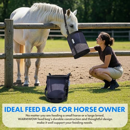 Horse Feed Bag Pack of 2 (Reinforced Bottom Edging), Feed Bags for Horses with Ventilation Mesh, Comfort Nose Pad Neck Pad, Adjustable Strap, Spill Proof Design for Feeding Grain, Supplements