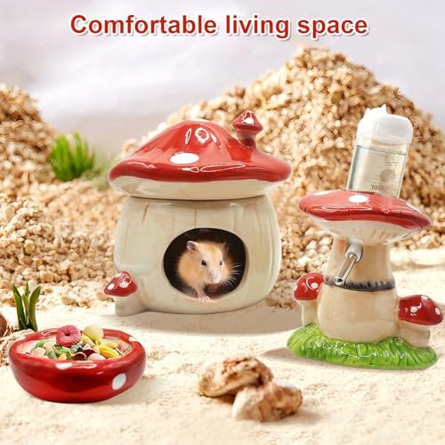 Mushroom Ceramic Hamster Hideout, Water Bottle with Stand, Food Bowl, Hamster Accessories (red)