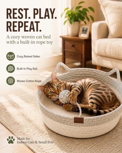 Cat Bed Handwoven Rope Basket Instinct for Indoor Cotton Natural Woven Hanging Scratcher Cushion Sleep Scratch Play Scratching Round Toy BEF Holder