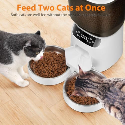 Automatic Cat Feeders for Two Cats, 5L/20 Cups Double Automatic Cat Food Dispenser with 2 Stainless Bowls, Timer Setting 20 Portions 6 Meals Per Day, 10s Meal Call (White)