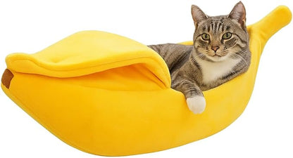 Banana Cat Bed for Cats & Small Dogs – Funny Yellow Plush Pet Cave, Indoor Hideaway for Kittens, Puppies, and Small Pets